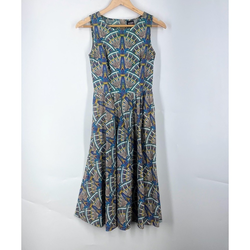 Retrolicious Womens Art Deco Fan Print Cotton Fit & Flare Midi Dress Small USA